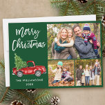 Cartes Pour Fêtes Annuelles Brochure moderne Script Camion 3 Photo Christmas G<br><div class="desc">Script de brosse moderne Aquarelle Vintage Camion rouge avec arbre de Noël - Joyeux Noël Famille 3 Photo Carte verte</div>