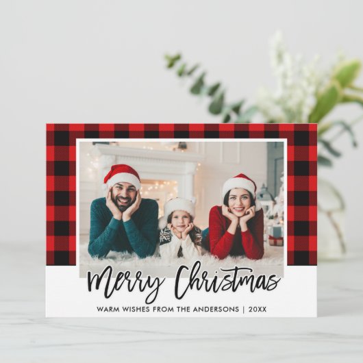 Cartes Pour Fêtes Annuelles Brochure moderne Script Red Plaid Photo Noël (Debout devant)
