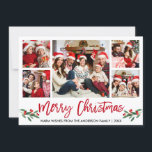 Cartes Pour Fêtes Annuelles Brosse moderne Script Rouge 5 Photo Famille Noël<br><div class="desc">Brosse moderne Script 5 Photo Famille Photo Collage Joyeux Noël Carte inclut Aquarelle Noël Fruits de Noël - Script rouge</div>