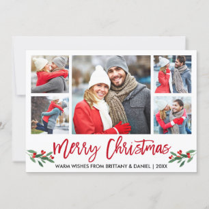 Cartes Pour Fêtes Annuelles Brosse moderne Script rouge 5 Photo Joyeux Noël