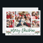 Cartes Pour Fêtes Annuelles Brosse moderne Script Vert 5 Photo Famille Noël<br><div class="desc">Brosse moderne Script 5 Photo Famille Photo Collage Joyeux Noël Carte inclut Aquarelle Noël Fruits de Noël - Script vert</div>