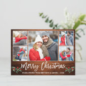 Cartes Pour Fêtes Annuelles Brosse moderne Script Wood 5 Photo Joyeux Noël (Debout devant)