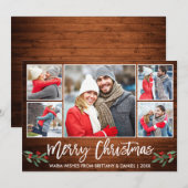 Cartes Pour Fêtes Annuelles Brosse moderne Script Wood 5 Photo Joyeux Noël (Devant / Derrière)