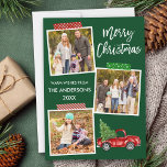 Cartes Pour Fêtes Annuelles Brosse Script artisanal Bande Camion rouge Noël<br><div class="desc">Brosse moderne Script Joyeux Noël 3 Photo Collage Carte de vacances comprend bande d'artisanat et aquarelle Camion rouge Vintage avec arbre de Noël. Arrière - plan vert forestier.</div>