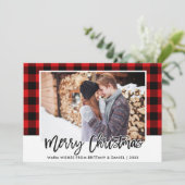 Cartes Pour Fêtes Annuelles Brosse Script Couple Rouge Plaid Photo Noël (Debout devant)