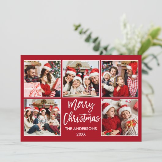 Cartes Pour Fêtes Annuelles Brosse Script Noël 5 Photo Rouge (Debout devant)