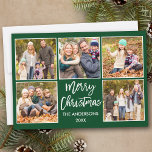 Cartes Pour Fêtes Annuelles Brosse Script Noël 5 Photo Vert<br><div class="desc">Brosse moderne Script Joyeux Noël 5 Photo Collage Carte de vacances - Forest Green</div>