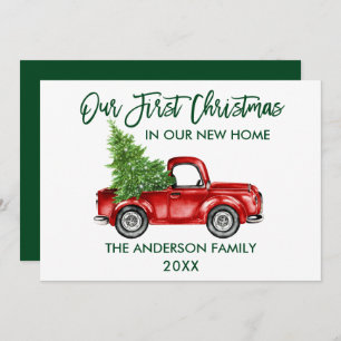 Cartes Pour Fêtes Annuelles Brosse Script Premier Noël Nouveau Accueil Camion 
