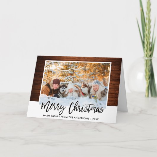 Cartes Pour Fêtes Annuelles Brosse Script Rustique Bois Famille Photo Noël (Devant)