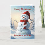 Cartes Pour Fêtes Annuelles Brother et sa femme Christmas Snowman<br><div class="desc">Une scène d'hiver festive montrant un joyeux bonhomme de neige dans un casquette rouge et foulard. Souhaitez à votre frère et à sa femme un joyeux Noël avec une belle carte de bonhomme de neige.</div>