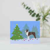 Cartes Pour Fêtes Annuelles Brown Boston Terrier dans la forêt de Noël (Debout devant)