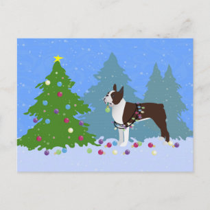 Cartes Pour Fêtes Annuelles Brown Boston Terrier dans la forêt de Noël