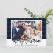 Cartes Pour Fêtes Annuelles Brush Script bleu Plaid Mariage photo Noël (Debout devant)