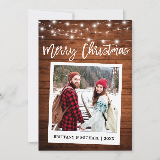 Cartes Pour Fêtes Annuelles Brush Script Caméra instantanée Bois Couple Noël (Devant)