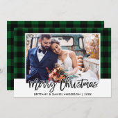 Cartes Pour Fêtes Annuelles Brush Script Green Plaid Mariage Photo Noël (Devant / Derrière)