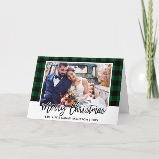Cartes Pour Fêtes Annuelles Brush Script Green Plaid Mariage Photo Noël (Devant)
