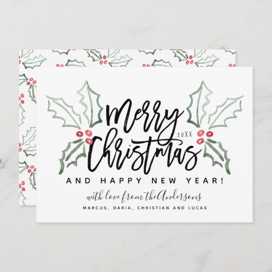 Cartes Pour Fêtes Annuelles Brush Script Hollies de Noël (Devant / Derrière)