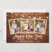 Cartes Pour Fêtes Annuelles Brush Script Lights Wood 3 Photo Bonne année (Devant)