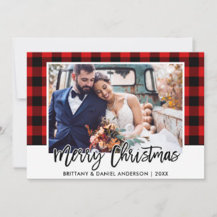 Cartes Pour Fêtes Annuelles Brush Script Red Plaid Mariage Photo Noël
