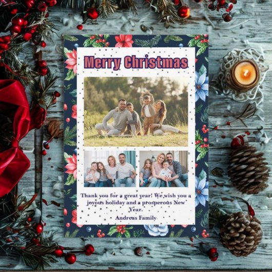 Cartes Pour Fêtes Annuelles Budget Floral Christmas Plaid 3 Photo Holiday Card