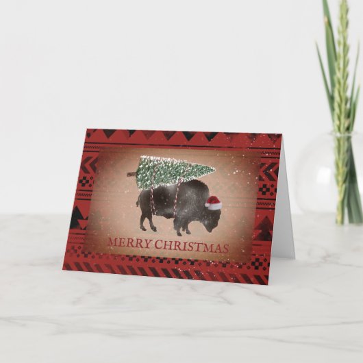 Cartes Pour Fêtes Annuelles Buffalo Bison Père Noël neige Joyeux Noël géométri (Devant)
