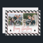 Cartes Pour Fêtes Annuelles Buffalo Check Plaid Photo Collage Noël<br><div class="desc">Cette carte de Noël à plat propose deux photos carrés sur le devant et agrémentée d'un motif festif de buffle noir et gris. L'arrière-plan offre du texte personnalisé pour un message personnel.</div>