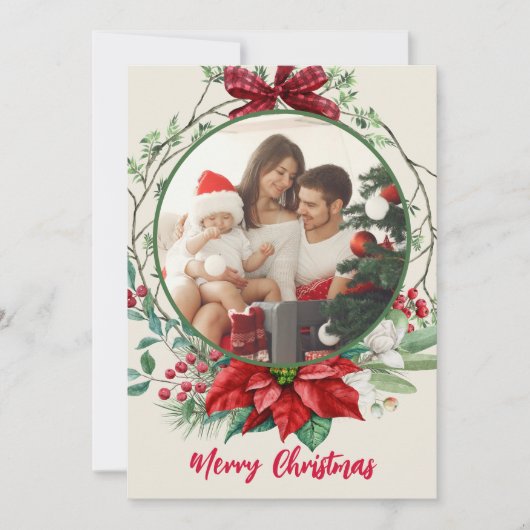 Cartes Pour Fêtes Annuelles Buffalo Plaid Bow Wreath Poinsettias Holly Berries (Devant)