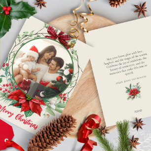 Cartes Pour Fêtes Annuelles Buffalo Plaid Bow Wreath Poinsettias Holly Berries