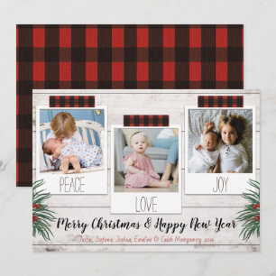 Cartes Pour Fêtes Annuelles Buffalo Plaid Farmhouse 3 Photo Holiday Card
