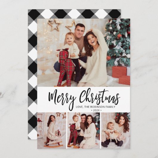 Cartes Pour Fêtes Annuelles Buffalo Plaid Simple 4 Photo Collage Noël (Devant / Derrière)