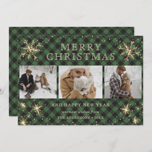 Cartes Pour Fêtes Annuelles Buffle vert personnalisé Plaid 3 photo (Devant / Derrière)