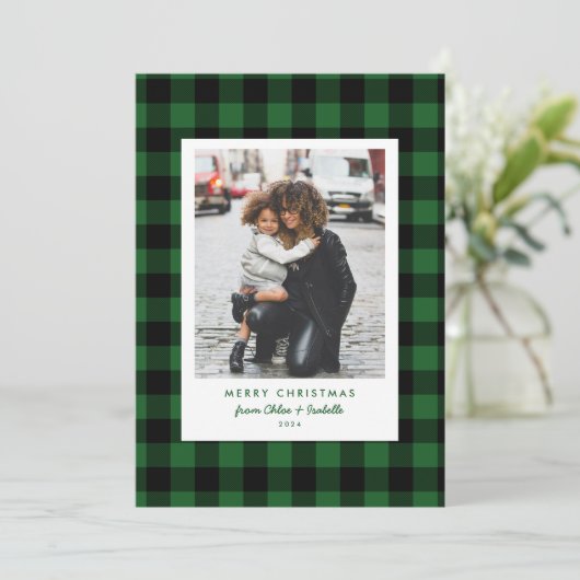 Cartes Pour Fêtes Annuelles Buffle vert Plaid Noël photo unique (Debout devant)