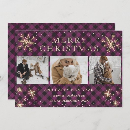 Cartes Pour Fêtes Annuelles Buffle violet personnalisé Plaid 3 photo (Devant / Derrière)