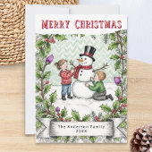 Cartes Pour Fêtes Annuelles Building a Snowman | Retro Personalized Christmas