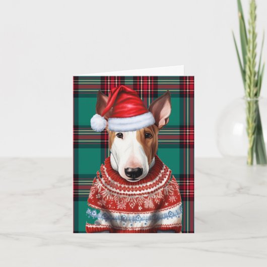 Cartes Pour Fêtes Annuelles Bull Terrier Chien de Noël Vert Plaid Noël (Devant)