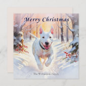 Cartes Pour Fêtes Annuelles Bull Terrier Chien En Neige Joyeux Noël (Devant / Derrière)