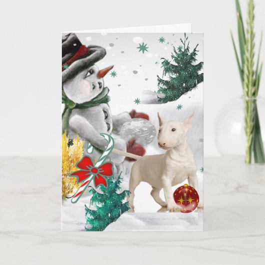Cartes Pour Fêtes Annuelles Bull Terrier Noël avec Snowman (Devant)