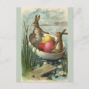 Cartes Pour Fêtes Annuelles Bunnies vintages de Pâques en bateau avec oeufs de