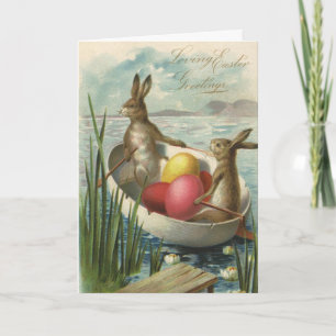 Cartes Pour Fêtes Annuelles Bunnies vintages de Pâques en bateau avec oeufs de