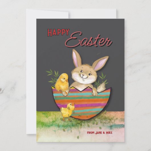 Cartes Pour Fêtes Annuelles Bunny de Pâques avec poussins gris jaune (Devant)