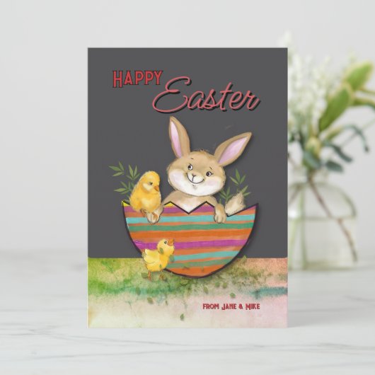 Cartes Pour Fêtes Annuelles Bunny de Pâques avec poussins gris jaune (Debout devant)