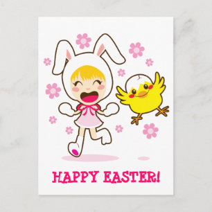 Cartes Pour Fêtes Annuelles Bunny Girl et petit poussin