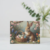 Cartes Pour Fêtes Annuelles Bunny with Easter Egg Basket and Spring Garden  (Debout devant)