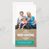 Cartes Pour Fêtes Annuelles Burlap rustique avec bannière Turquoise Photo Noël (Devant / Derrière)