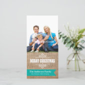 Cartes Pour Fêtes Annuelles Burlap rustique avec bannière Turquoise Photo Noël (Debout devant)