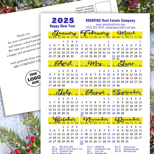 Cartes Pour Fêtes Annuelles Business 2025 Calendrier Moderne Bleu Script Simpl
