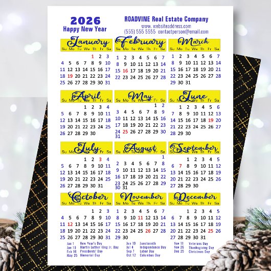 Cartes Pour Fêtes Annuelles Business 2026 Calendrier Moderne Bleu Script Simpl