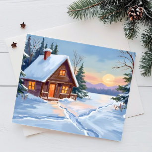 Cartes Pour Fêtes Annuelles Cabane d'hiver Montagne Neige Aquarelle