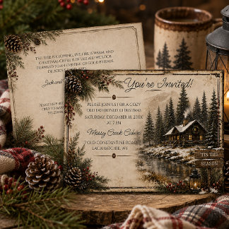Cartes Pour Fêtes Annuelles Cabane Rustique Lac Arbres Épineux Fête de Noël