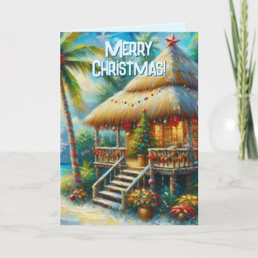 Cartes Pour Fêtes Annuelles Cabane Tropicale Noël Palm Tree Beach Lumières (Devant)